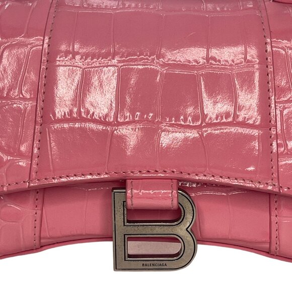 BALENCIAGA Hourglass Top Handle Mini Bag Crocodile Embossed Leather XS Pink Tote - Picture 4 of 12